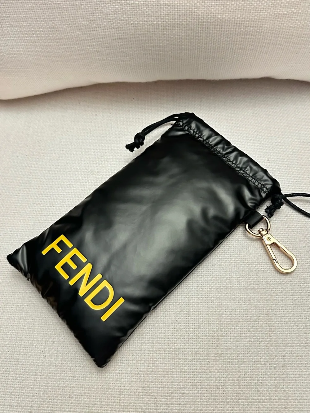 Fendi Black Sunglass Pouch with Yellow Logo and Gold Clip